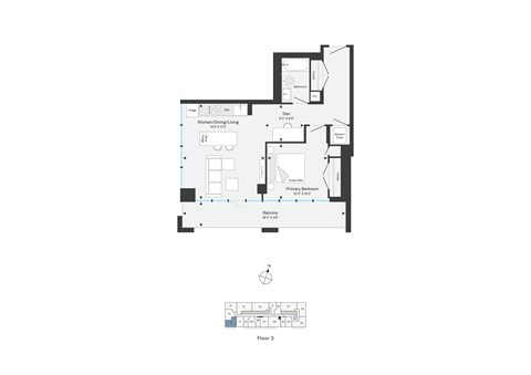 Floor plan for 1 bed, 1 bath, 670 sqft